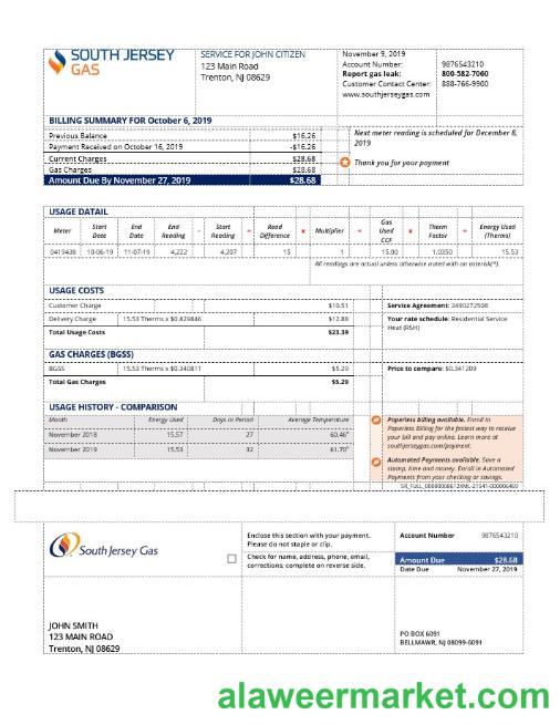 USA New Jersey gas utility bill template in Word and PDF format (.doc and .pdf)